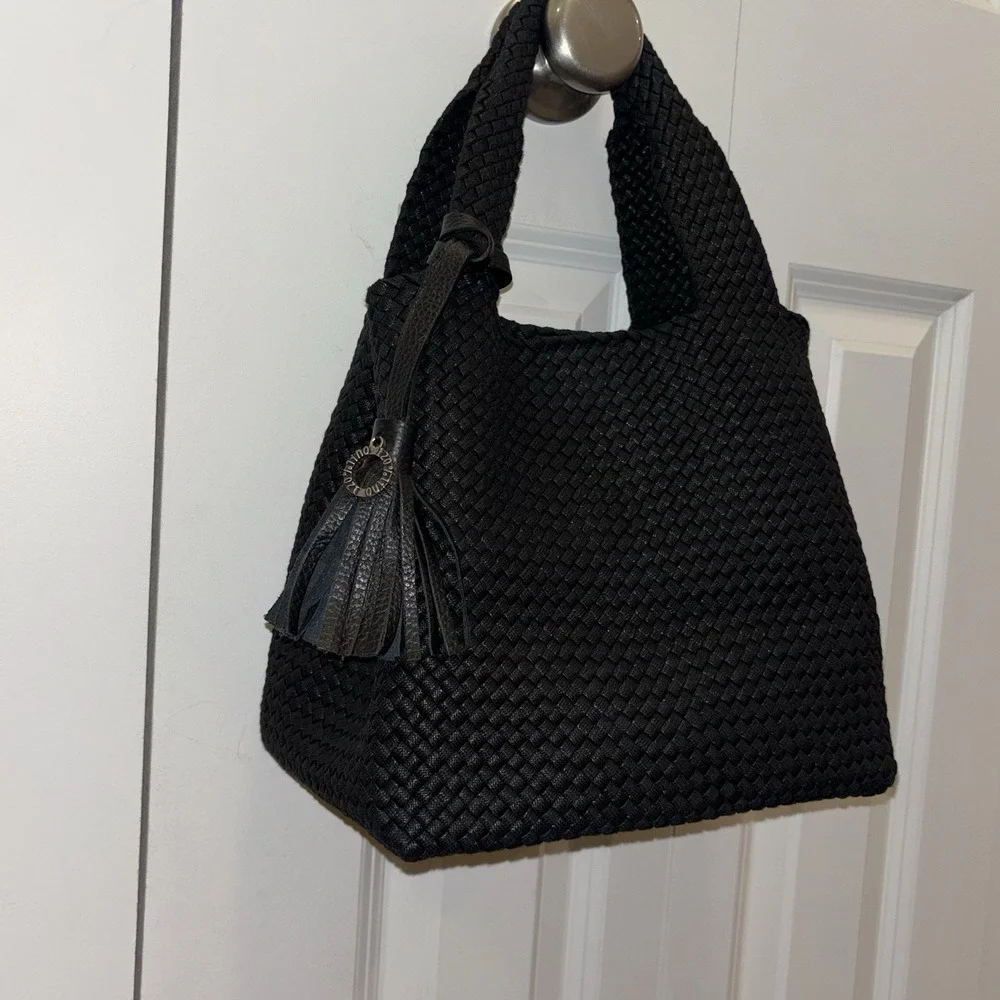 NWOT 120% Lino Italian Black Woven Handbag Mini Tote Logo Tassel